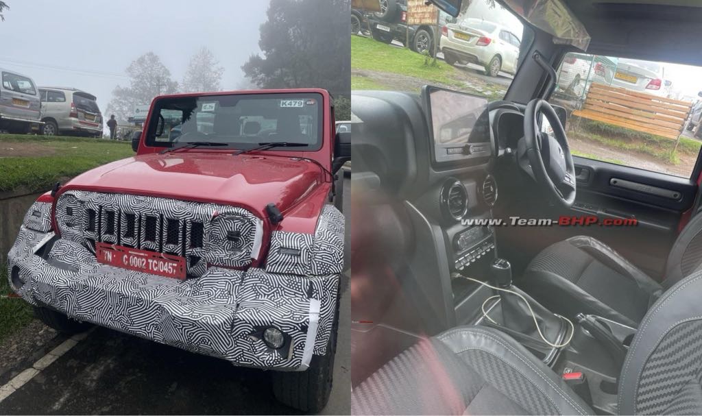Mahindra Thar 3-door facelift red SUV spotted with camouflaged bumper and new touchscreen interior in a hilly region
