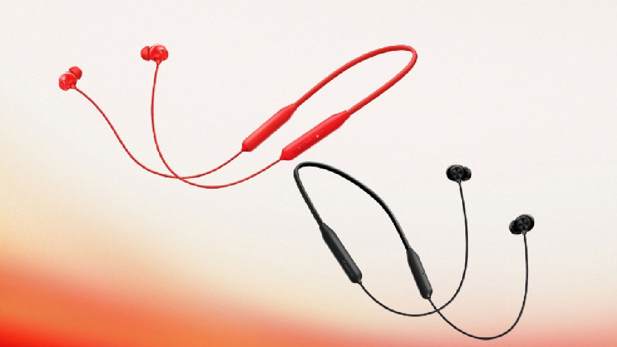 "Close-up view of OnePlus Bullets Wireless Z3 earbuds in black and red colors"