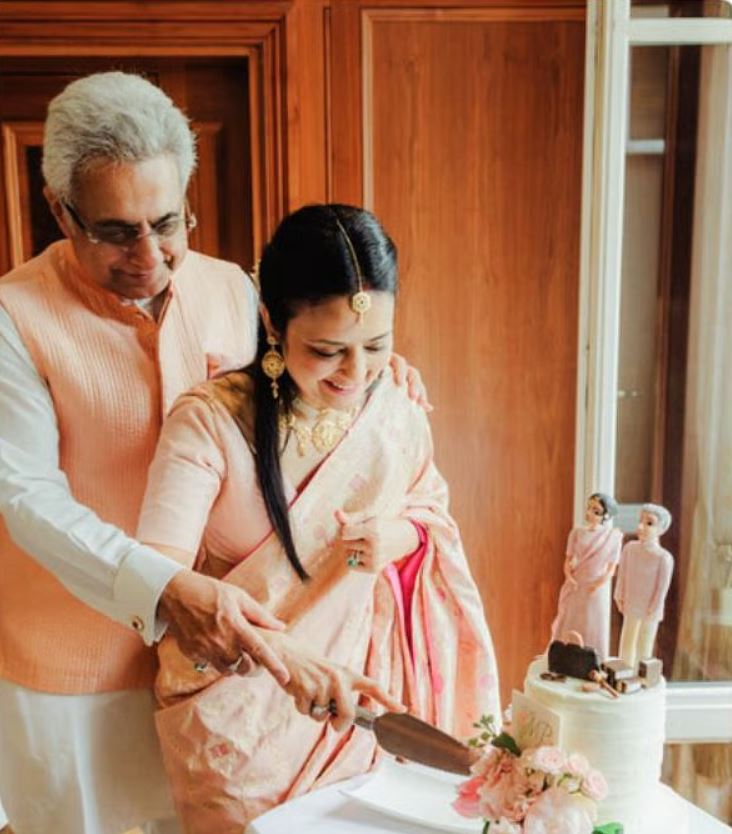 Mahua Moitra and Pinaki Misra cutting a wedding cake during their private marriage ceremony in Germany, May 30, 2025.