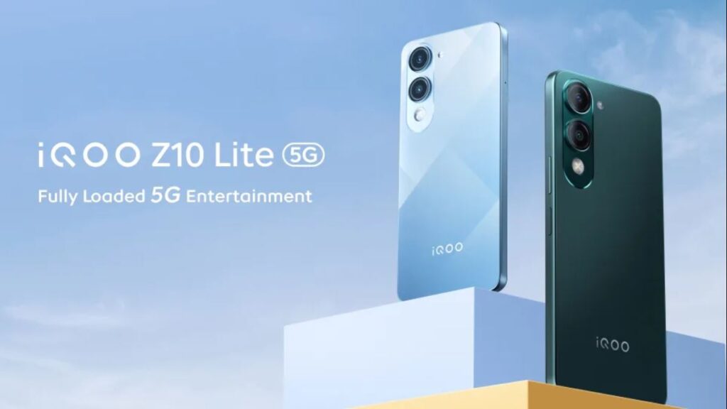 iQOO Z10 Lite 5G in Blue and Green Color Variant on Pedestal