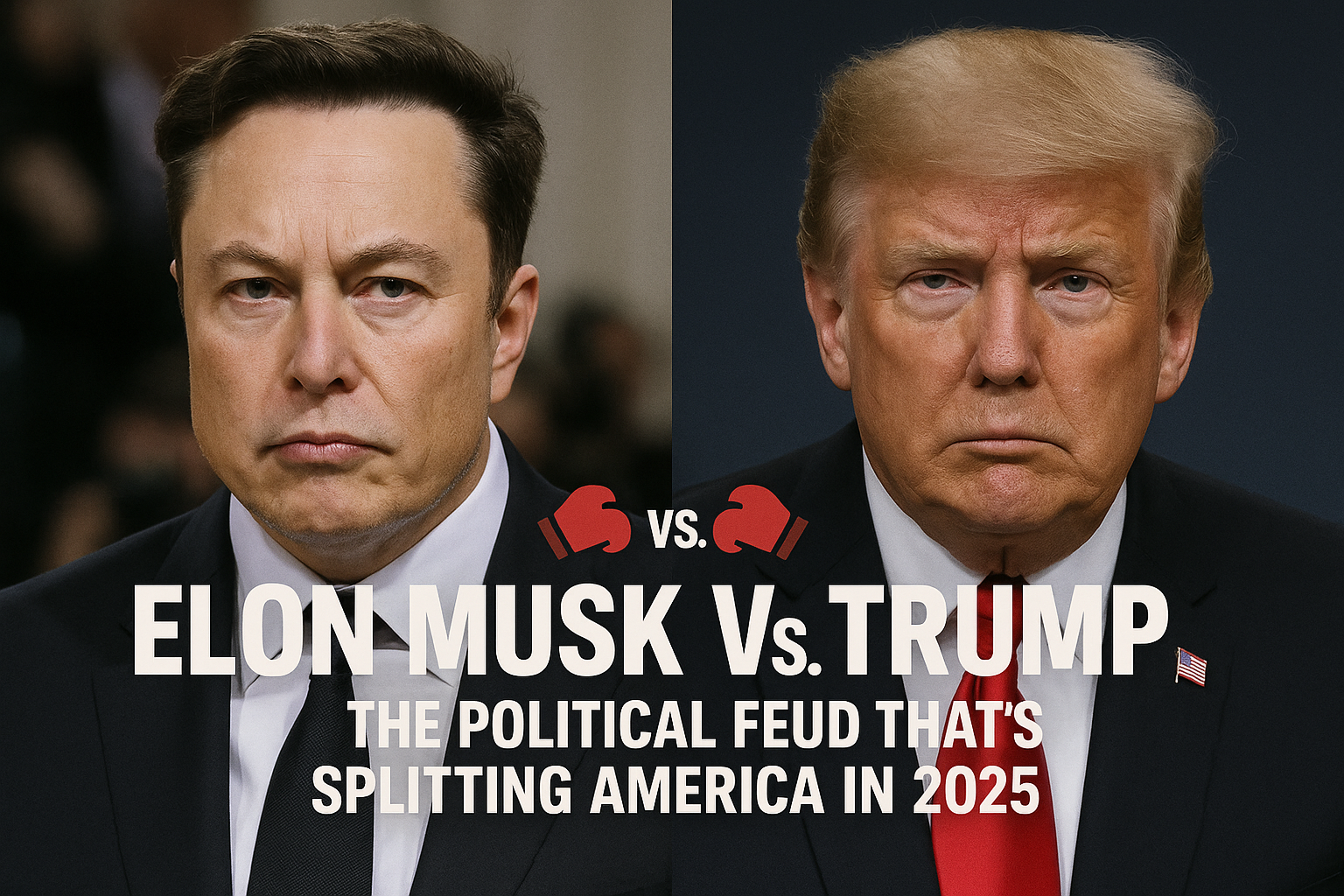 "Elon Musk vs Donald Trump political feud 2025 graphic with intense portraits and bold headline showing their rivalry splitting America"