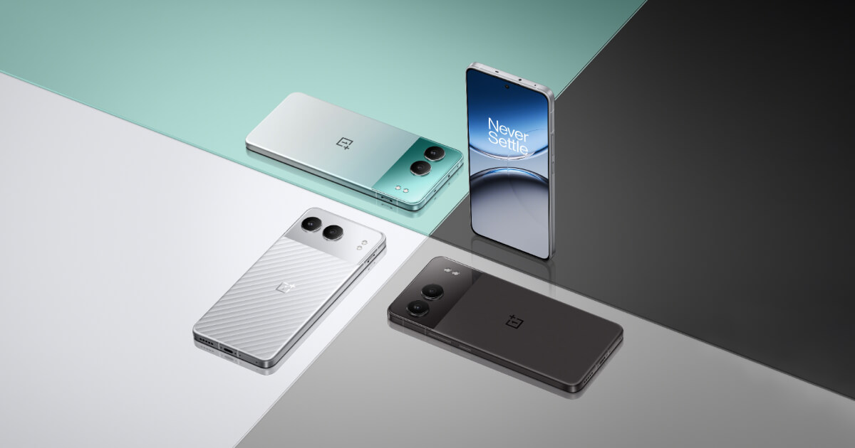Multiple OnePlus smartphones including the upcoming Nord 5 and Nord CE 5 displayed in mint green, white, and black color variants with sleek design and dual-camera setup.
