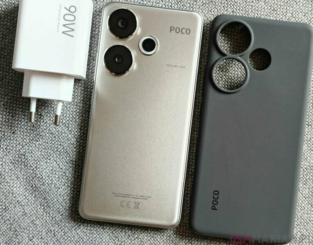 POCO F7 smartphone with 90W fast charger and back case on fabric background