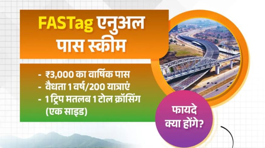 ₹3000 FASTag एनुअल पास स्कीम पोस्टर जिसमें टोल क्रॉसिंग और योजना की जानकारी दी गई है