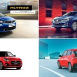 A collage of four hatchback cars. From top left, a blue Tata Altroz, top right, a blue Maruti Suzuki Baleno, bottom left, a red Maruti Suzuki Swift, and bottom right, the rear view of a red Hyundai i20.