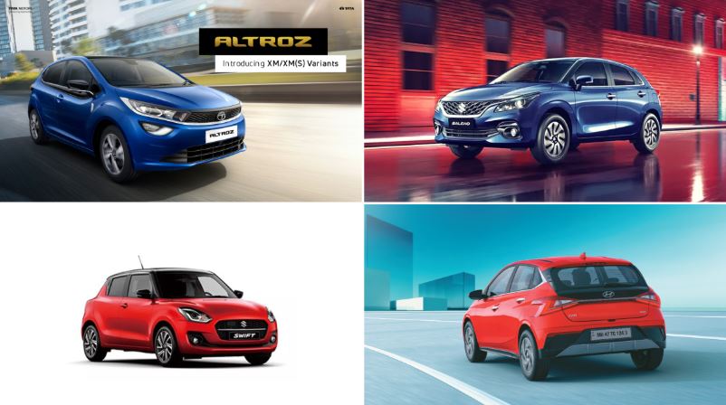 A collage of four hatchback cars. From top left, a blue Tata Altroz, top right, a blue Maruti Suzuki Baleno, bottom left, a red Maruti Suzuki Swift, and bottom right, the rear view of a red Hyundai i20.
