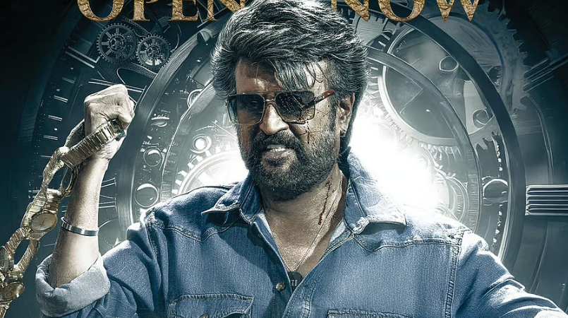 Rajinikanth in a rugged denim look holding a thick chain, from the movie Coolie, with a stylish clockwork background.