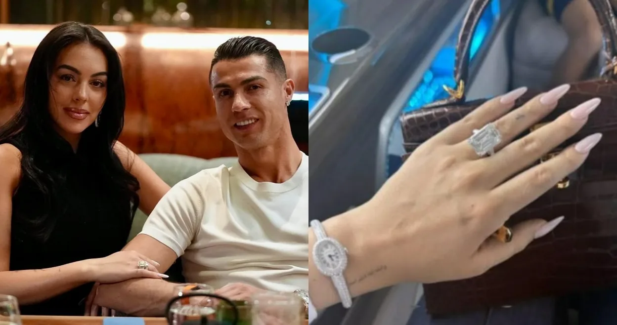 Cristiano Ronaldo और Georgina Rodriguez एक साथ बैठे हैं, बाईं ओर Georgina का हाथ Ronaldo के हाथ पर रखा है, और दाईं ओर Georgina की सगाई की अंगूठी का क्लोज़-अप जिसमें बड़ा डायमंड दिख रहा है।