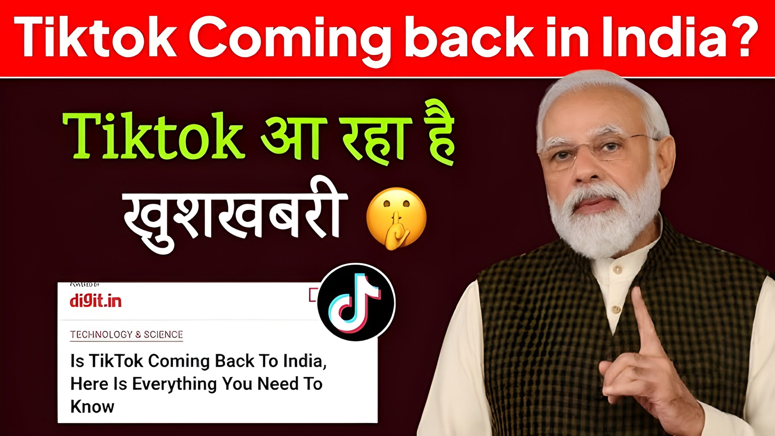 "PM Modi with TikTok comeback news banner in Hindi and English, highlighting rumor about TikTok returning to India."