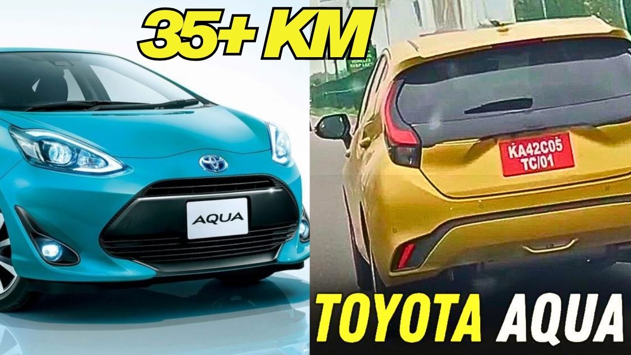 "Toyota Aqua front and rear view showcasing hybrid hatchback with 35+ km/l mileage"