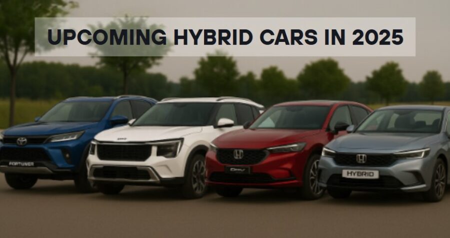 Upcoming hybrid cars in India 2025 lineup featuring Toyota, Kia, and Honda models parked side-by-side.