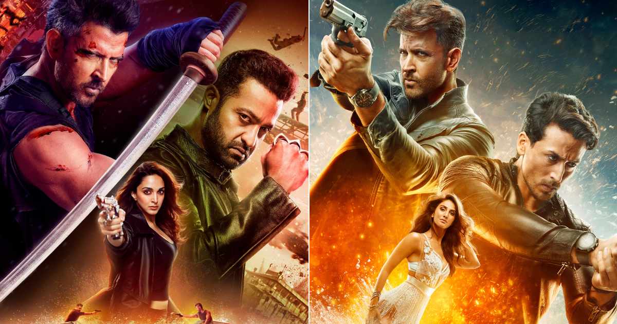 Side-by-side movie posters of War 2 and War featuring Hrithik Roshan, Jr NTR, Kiara Advani, Tiger Shroff, and Vaani Kapoor in intense action poses with weapons and fiery backgrounds.
