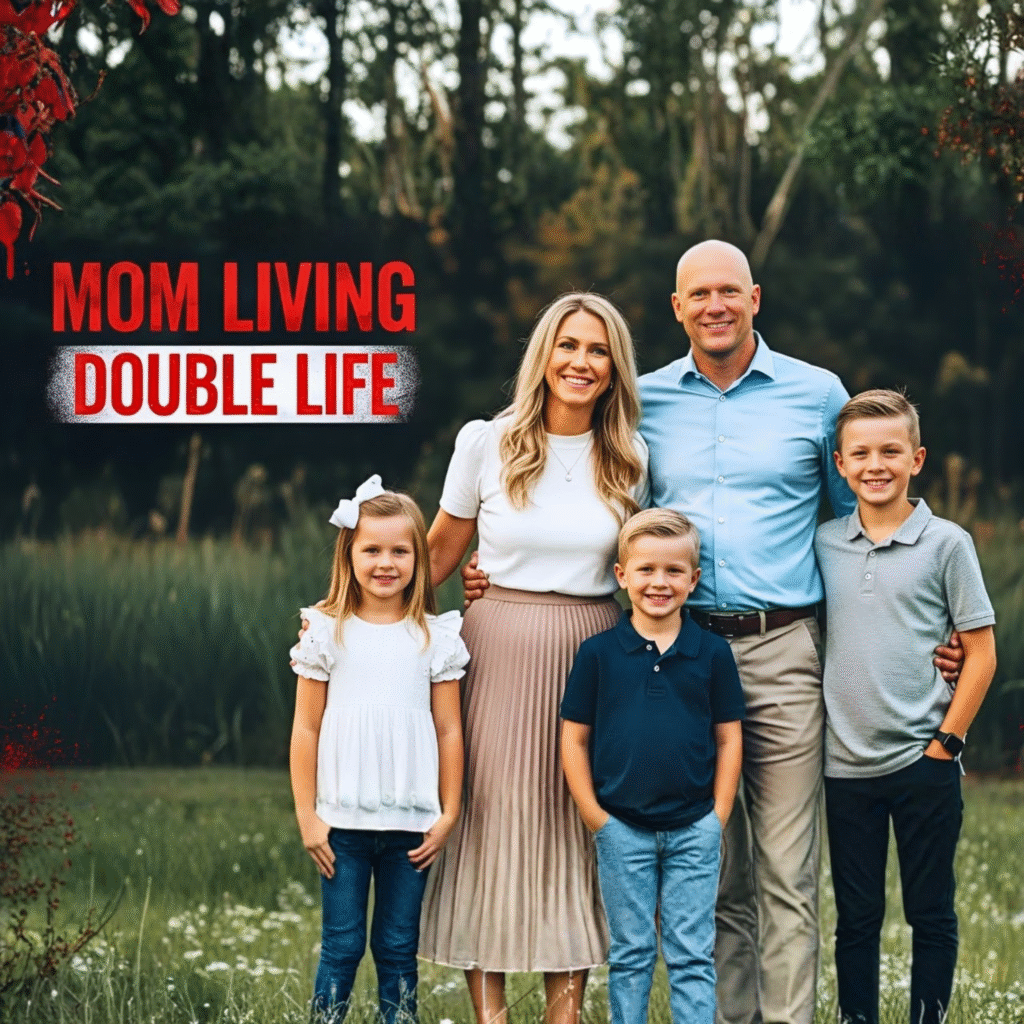 A smiling family posing outdoors, with the headline "Mom Living Double Life" suggesting a dark twist behind their happy appearance.