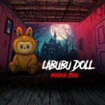 Creepy golden-furred Labubu doll sitting in a dark hallway with a haunted mansion and full moon in the background — horror story illustration.
