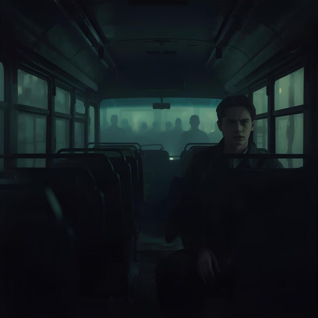 Dimly lit bus interior, fogged windows, empty seats except one young man sitting near the window looking uneasy. Faint, ghostly silhouettes visible in reflection behind him. Mood: Claustrophobic, suspenseful, eerie realism. Use for: Mid-story visual (paranormal encounter scene).