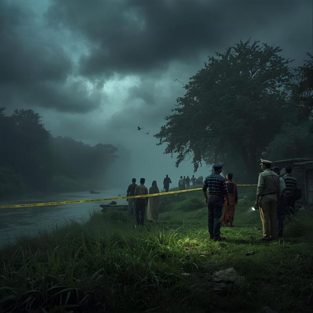 Police officers and villagers gather near a misty riverside crime scene in Andhra Pradesh, surrounded by yellow investigation tape under dark storm clouds.