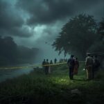Police officers and villagers gather near a misty riverside crime scene in Andhra Pradesh, surrounded by yellow investigation tape under dark storm clouds.